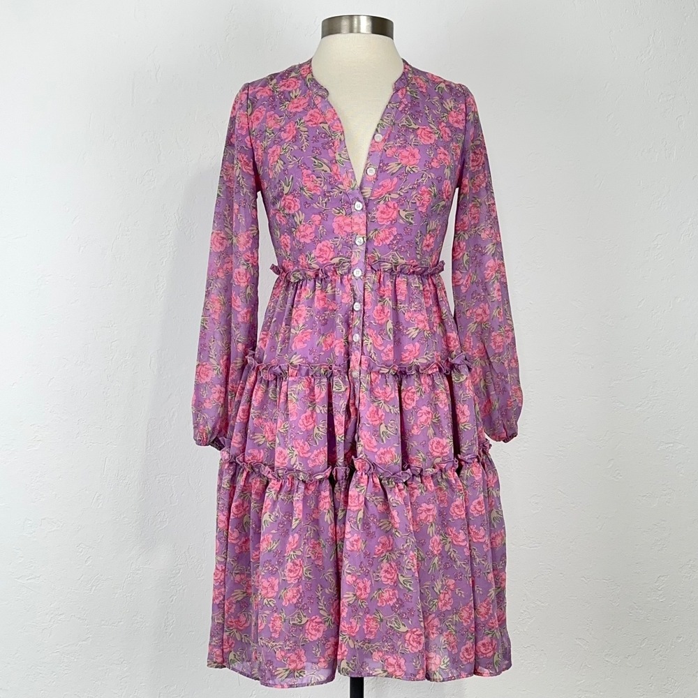 Ivy City Lydia Midi Dress Sz XS Cottagecore Coquette Ruffle Tiered Pink Floral